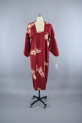 1940s Vintage Silk Kimono Jacket Coat / Maroon Red Shibori Dyed