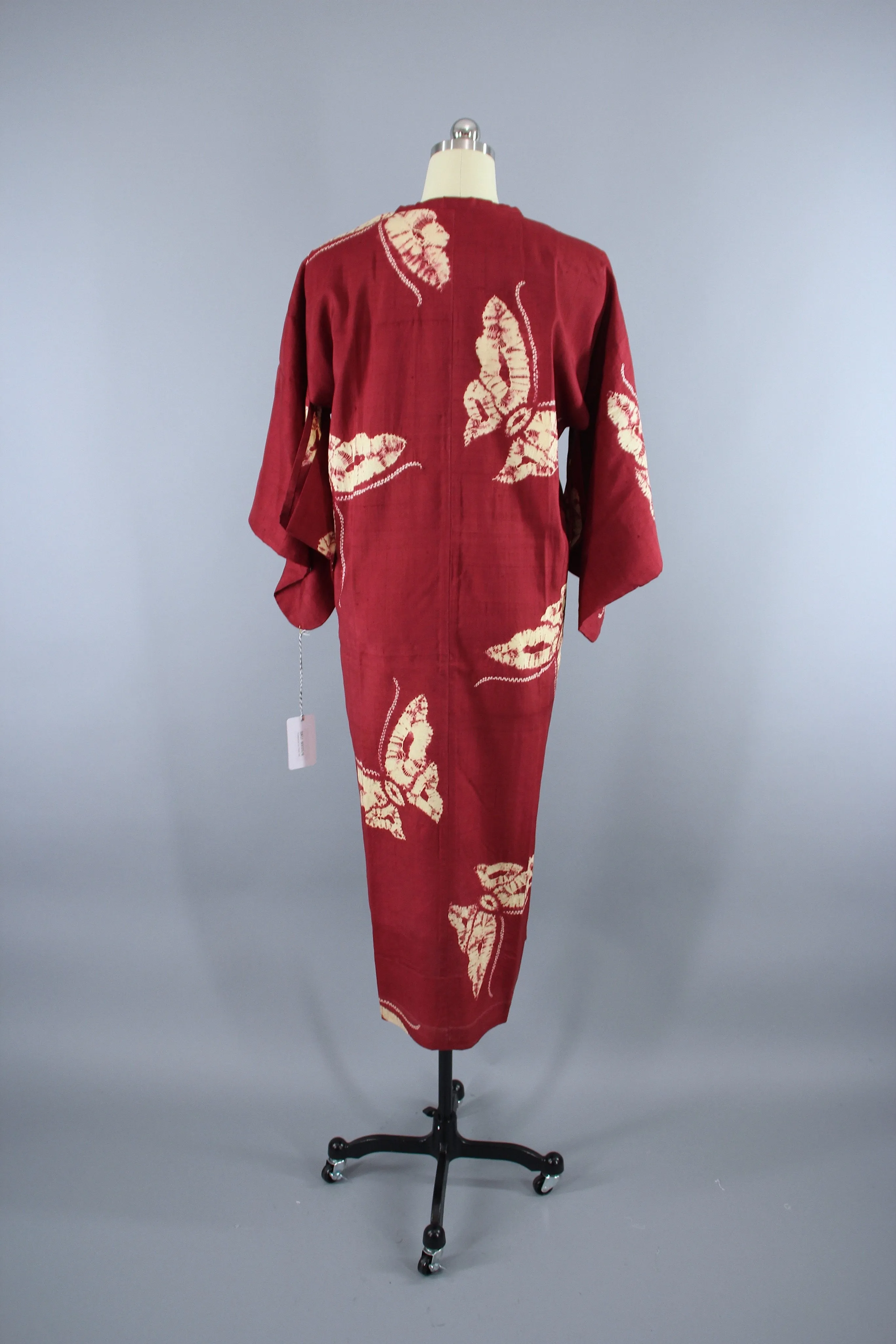 1940s Vintage Silk Kimono Jacket Coat / Maroon Red Shibori Dyed