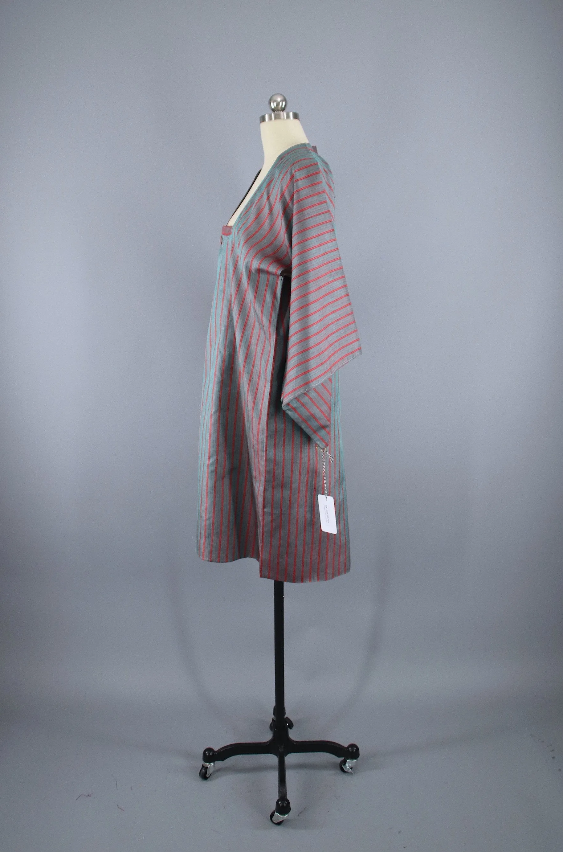 1960s Vintage Silk Kimono Jacket Coat Michiyuki / Grey Blue & Red Stripes