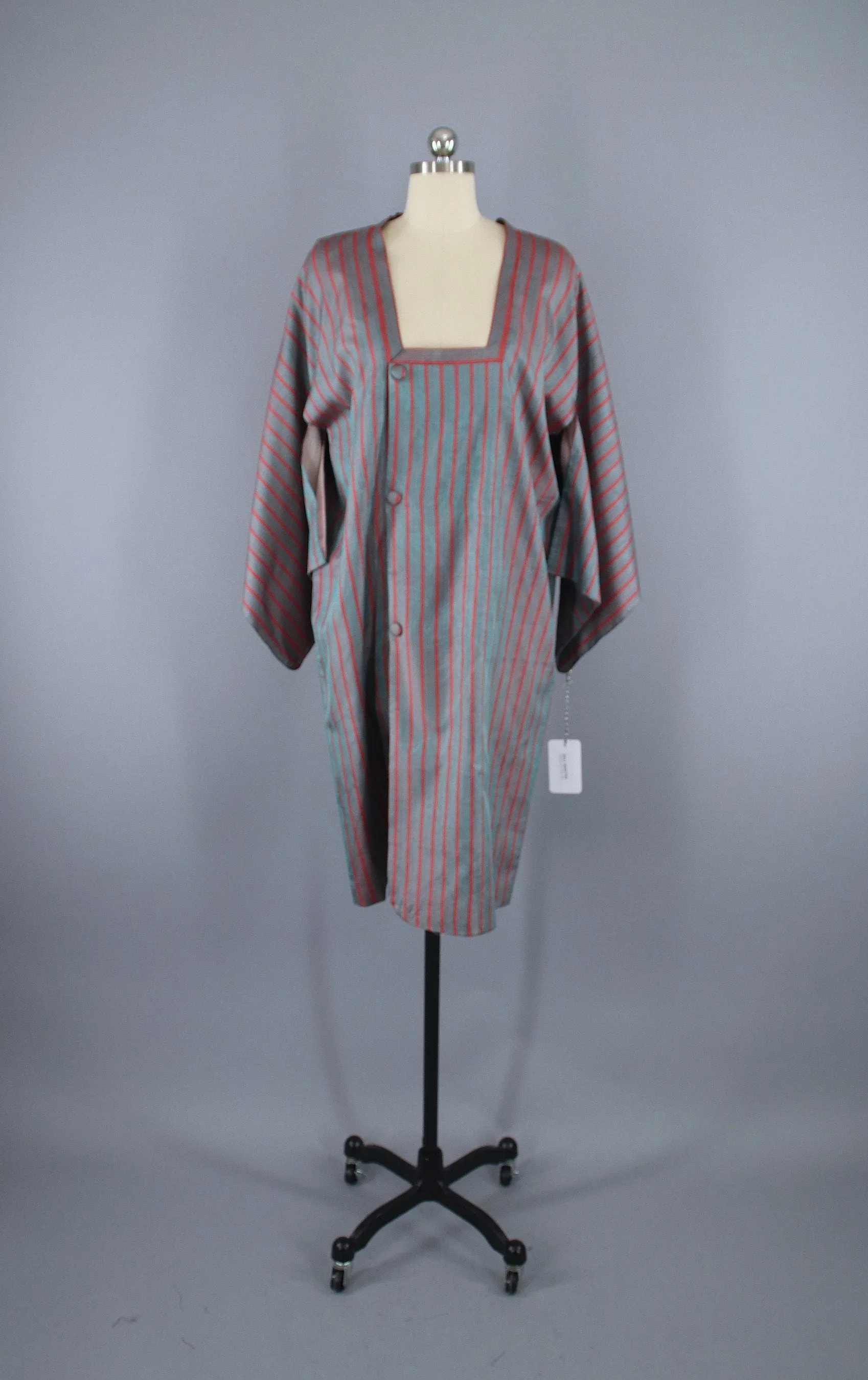 1960s Vintage Silk Kimono Jacket Coat Michiyuki / Grey Blue & Red Stripes