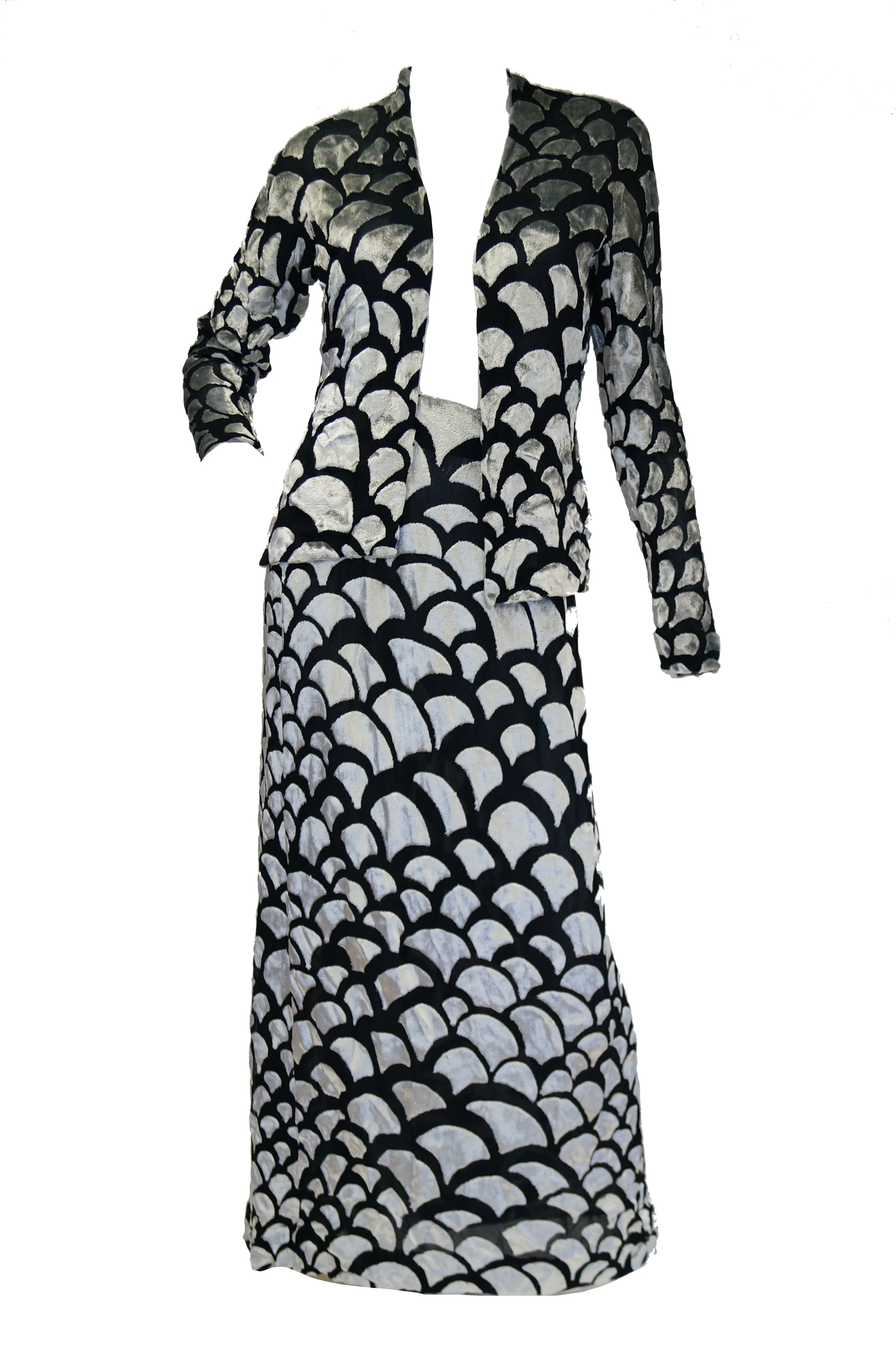 1970s Pauline Trigere Black & Silver Burnout Velvet Evening Dress Ensemble