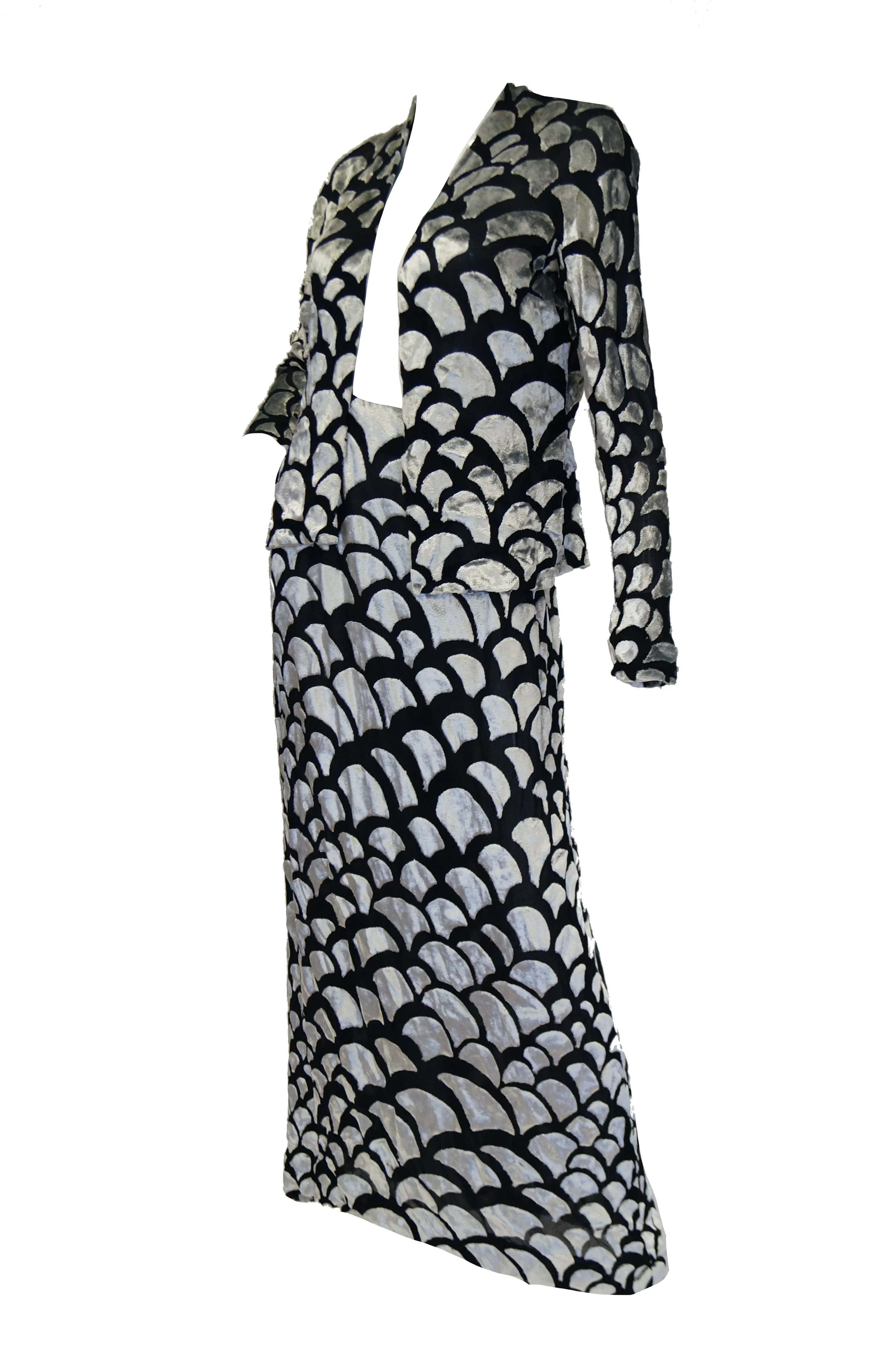 1970s Pauline Trigere Black & Silver Burnout Velvet Evening Dress Ensemble