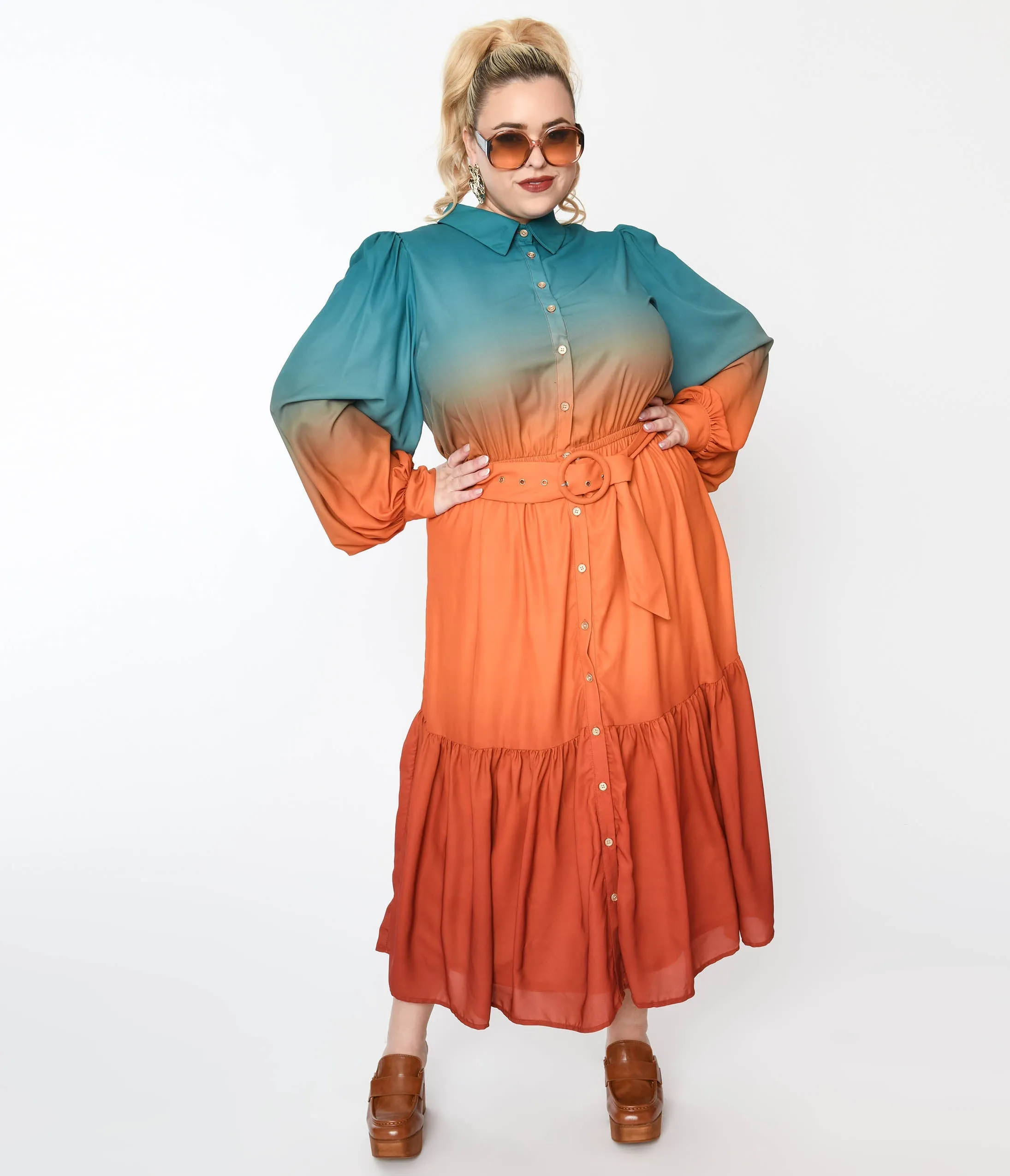 1970s Teal & Rust Gradient Maxi Shirt Dress