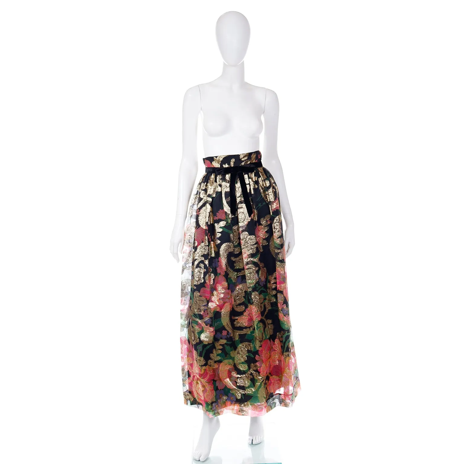 1970s Vintage Gold Metallic Black & Pink Floral Maxi Skirt