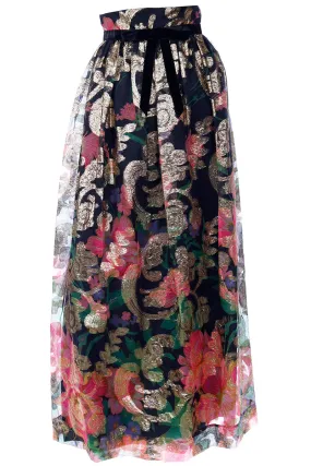 1970s Vintage Gold Metallic Black & Pink Floral Maxi Skirt