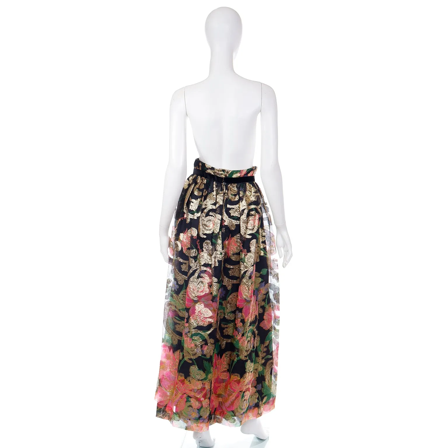 1970s Vintage Gold Metallic Black & Pink Floral Maxi Skirt