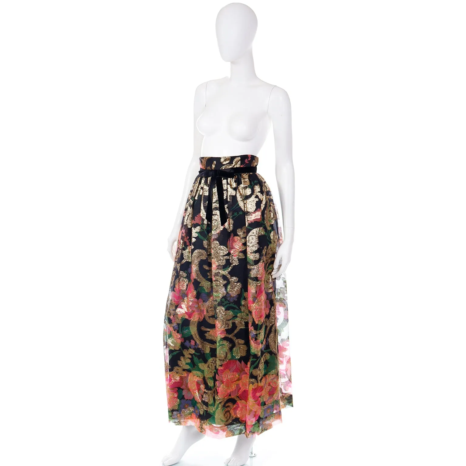 1970s Vintage Gold Metallic Black & Pink Floral Maxi Skirt