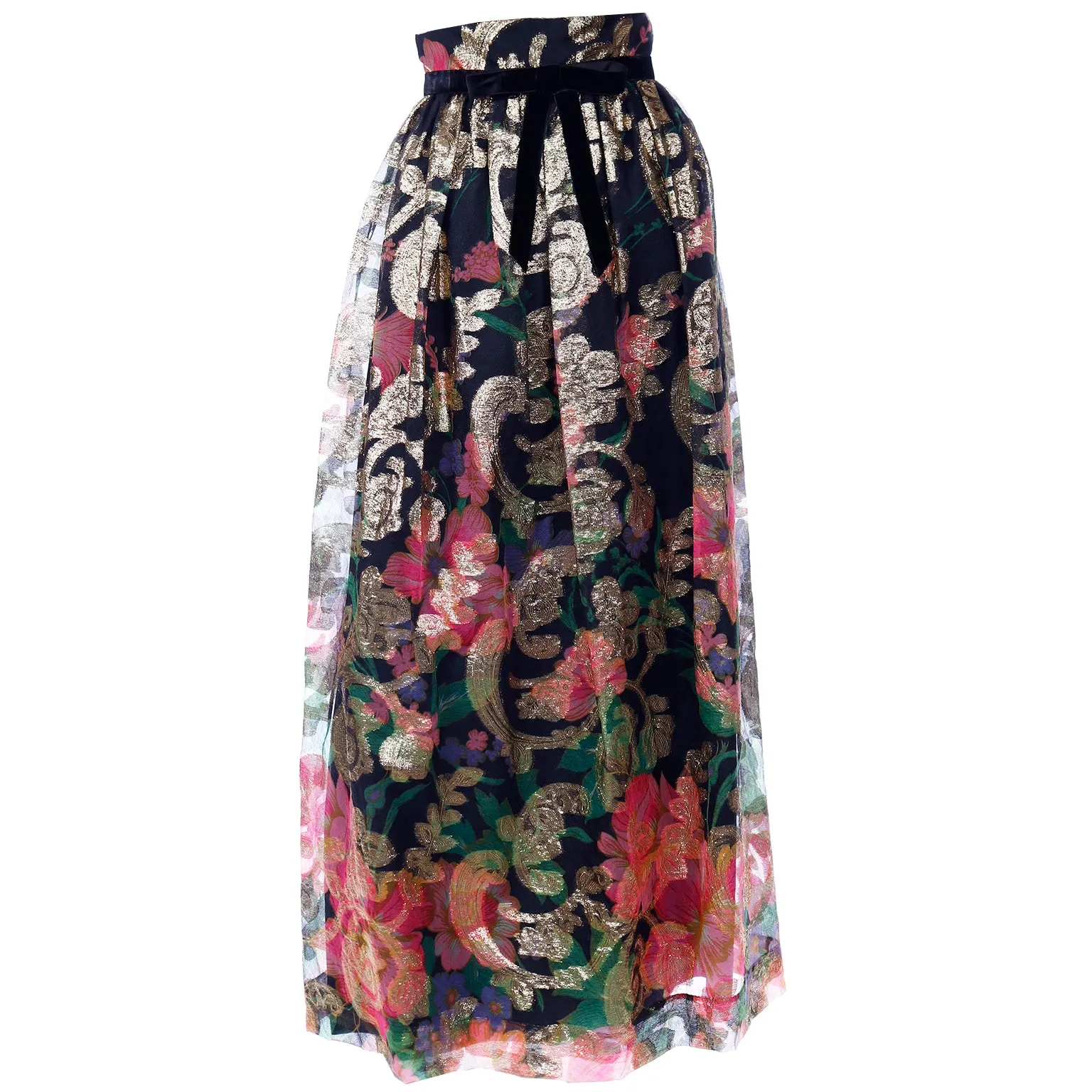 1970s Vintage Gold Metallic Black & Pink Floral Maxi Skirt