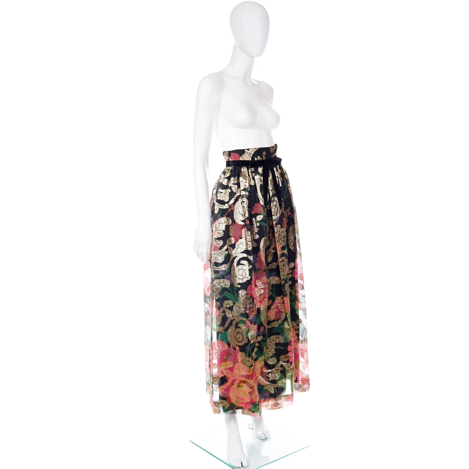 1970s Vintage Gold Metallic Black & Pink Floral Maxi Skirt