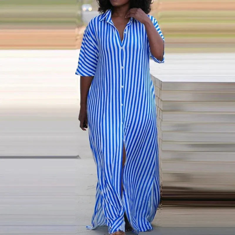 2024's Turn-down Collar Half Sleeve Loose Casual Single Breasted Split Long Summer Office Elegant Striped Dress