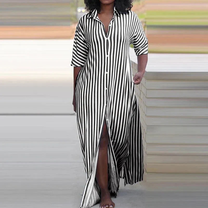 2024's Turn-down Collar Half Sleeve Loose Casual Single Breasted Split Long Summer Office Elegant Striped Dress