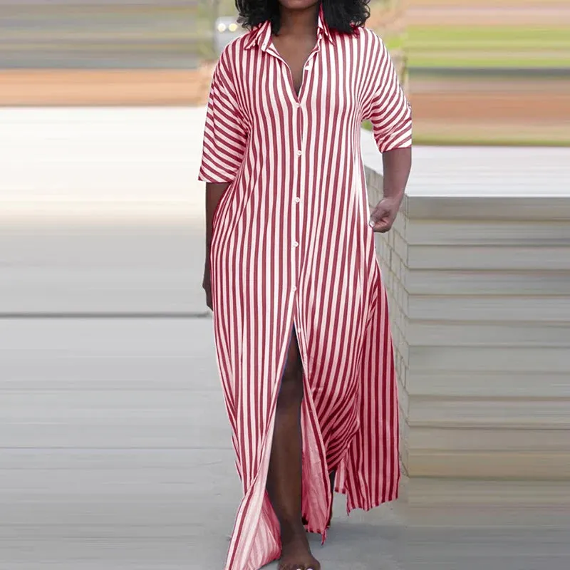 2024's Turn-down Collar Half Sleeve Loose Casual Single Breasted Split Long Summer Office Elegant Striped Dress