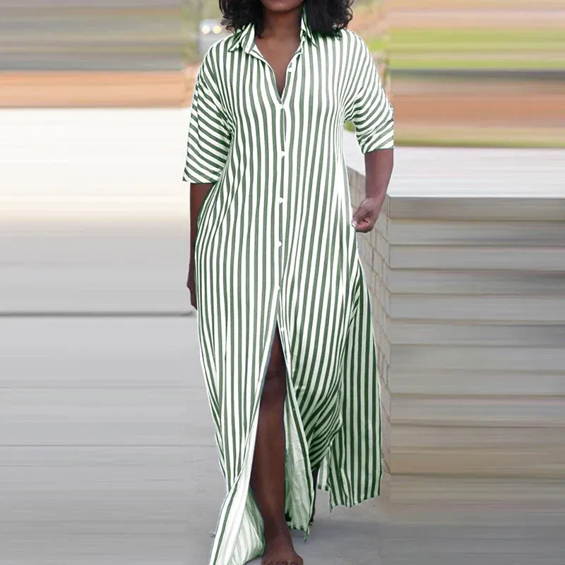 2024's Turn-down Collar Half Sleeve Loose Casual Single Breasted Split Long Summer Office Elegant Striped Dress