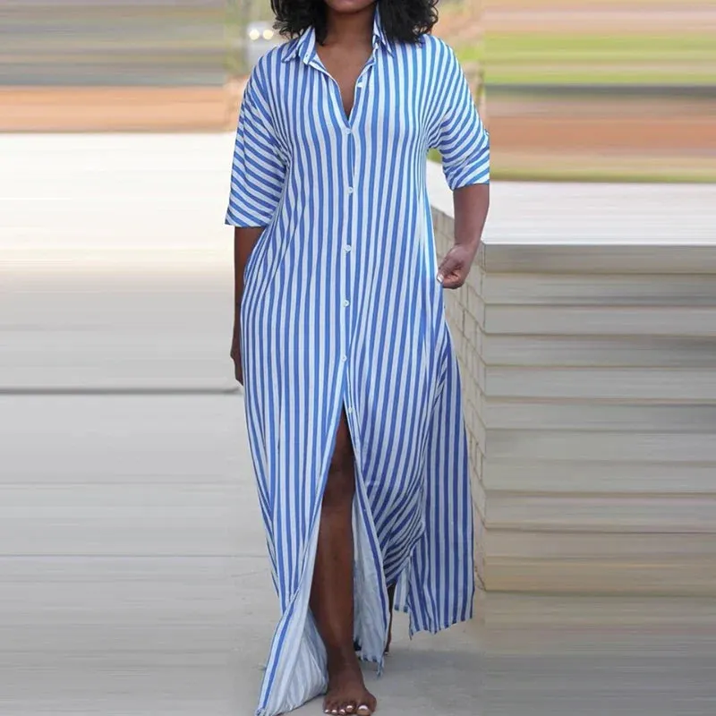 2024's Turn-down Collar Half Sleeve Loose Casual Single Breasted Split Long Summer Office Elegant Striped Dress