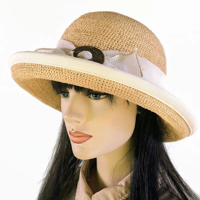 206-c Crochet Raffia Sun Hat with adjustable fit with cream trim