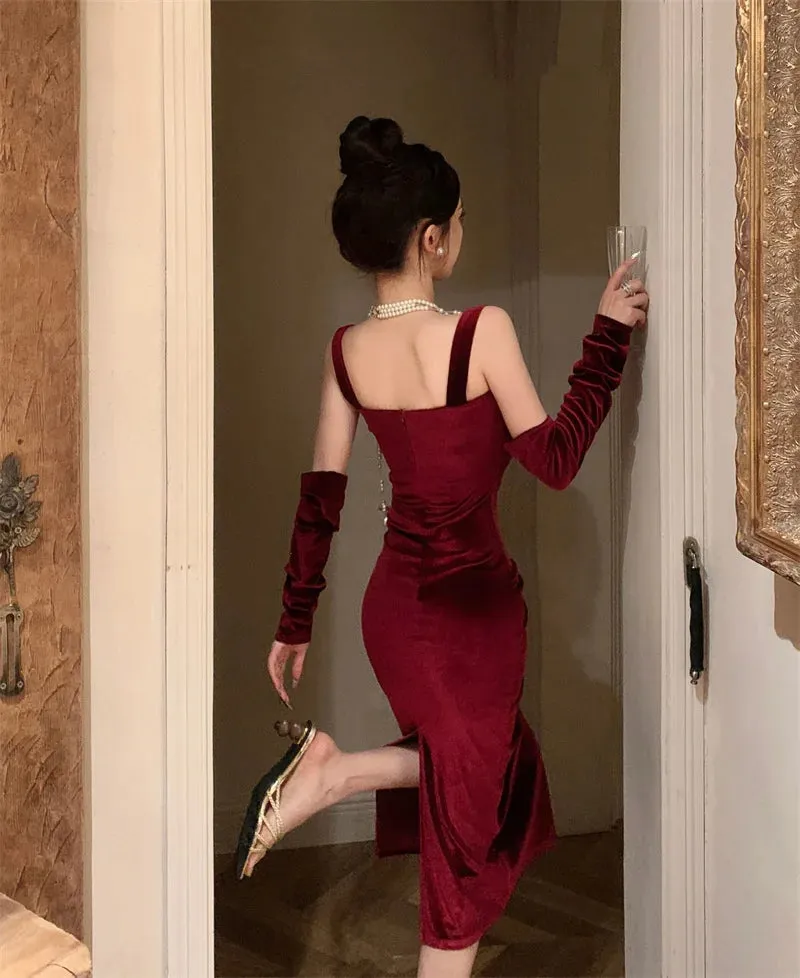 Advbridge -  Sweet Hot Girl Retro Sexy Velvet Strap Dress for Women Autumn and Winter Square Collar Split Mermaid Wrap Hip Long Evening Dress