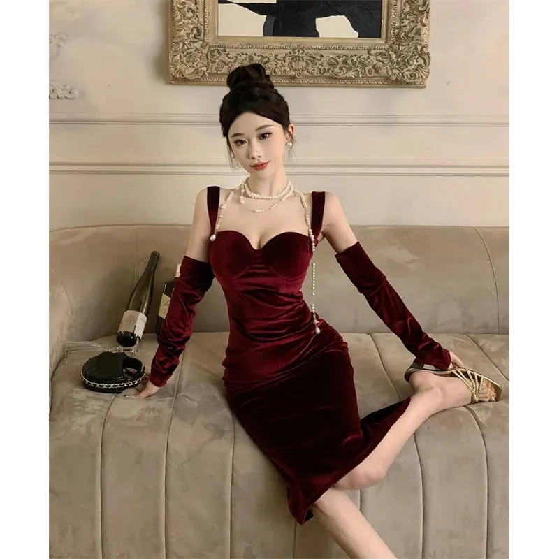 Advbridge -  Sweet Hot Girl Retro Sexy Velvet Strap Dress for Women Autumn and Winter Square Collar Split Mermaid Wrap Hip Long Evening Dress