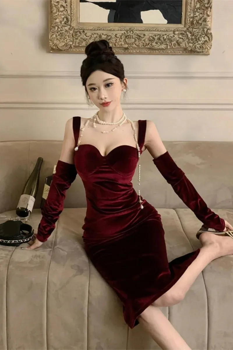 Advbridge -  Sweet Hot Girl Retro Sexy Velvet Strap Dress for Women Autumn and Winter Square Collar Split Mermaid Wrap Hip Long Evening Dress