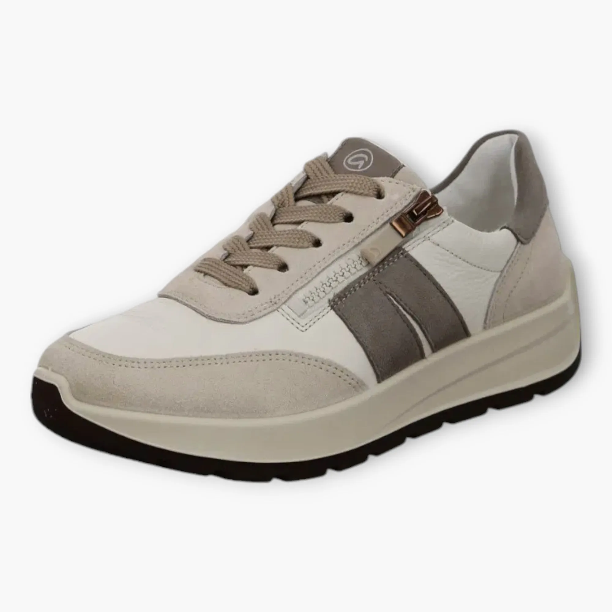 Ara White and Taupe Winter Trainers with Side Zipper & Off-Cream Sole - HighSoft Comfort