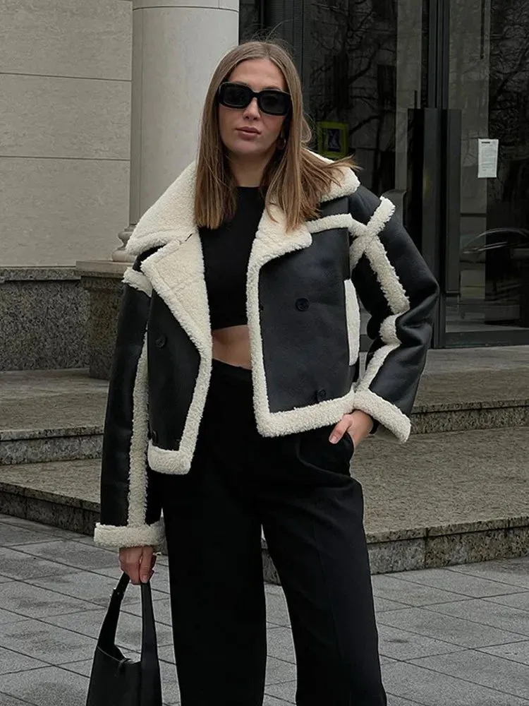 Ashore Shop Pu Leather Lambs Wool Fur Cropped Jacket Women Thicken Warm Short Coat 2023 Winter