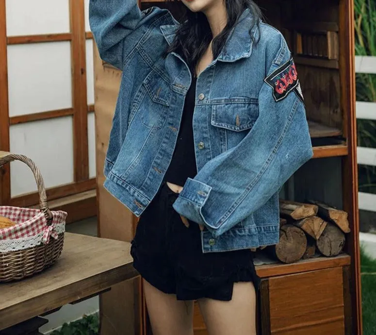 ASHORESHOP Ethnic Appliques boho Denim Jacket for Women