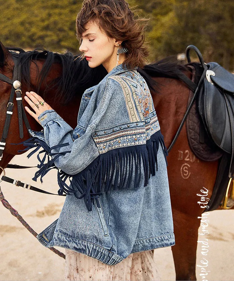 ASHORESHOP Womens Denim Jackets Ethnic Pattern floral Embroidery Suede Fringe Jacket