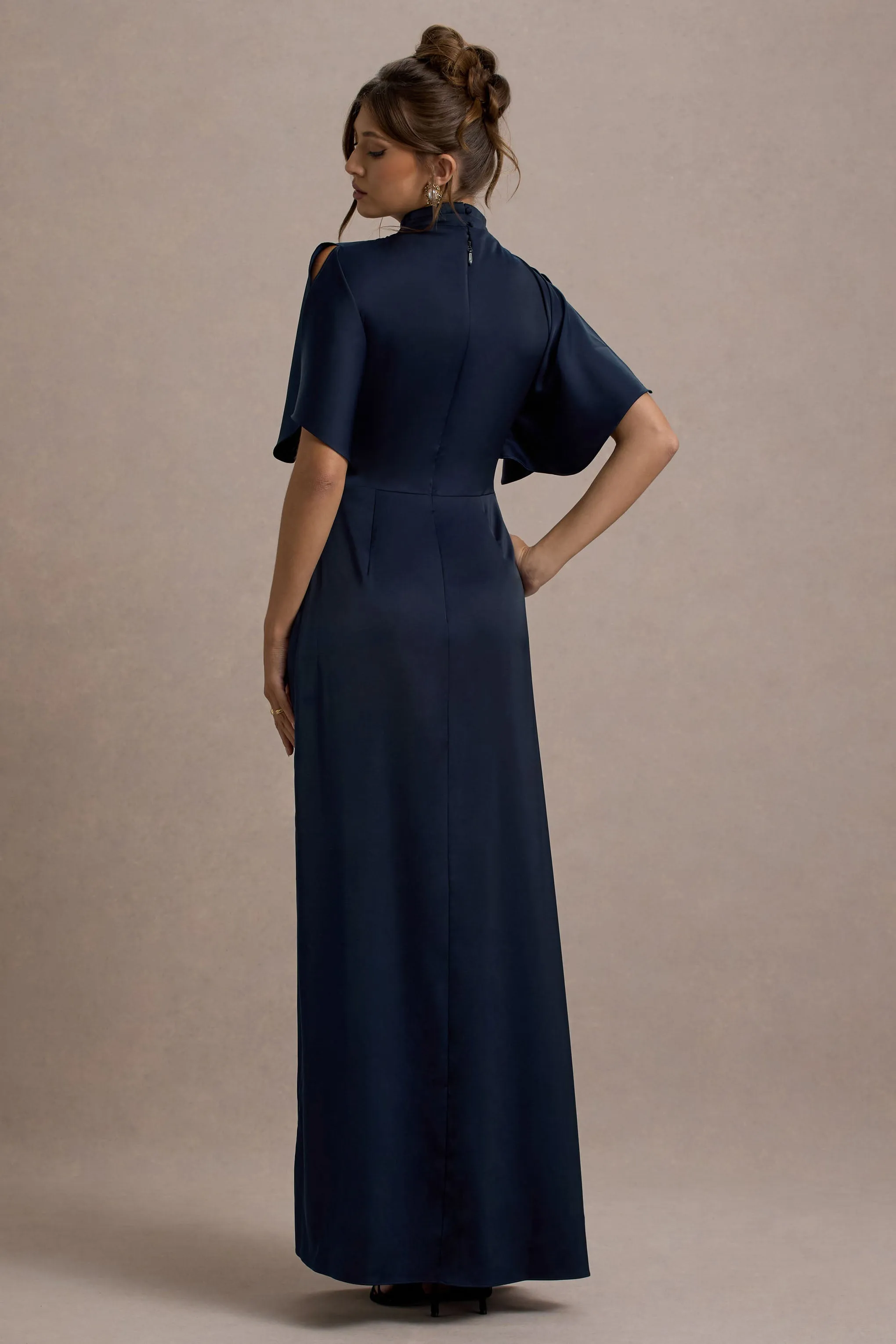 Audley | Navy Satin High-Neck Flutter-Sleeve Maxi Dress