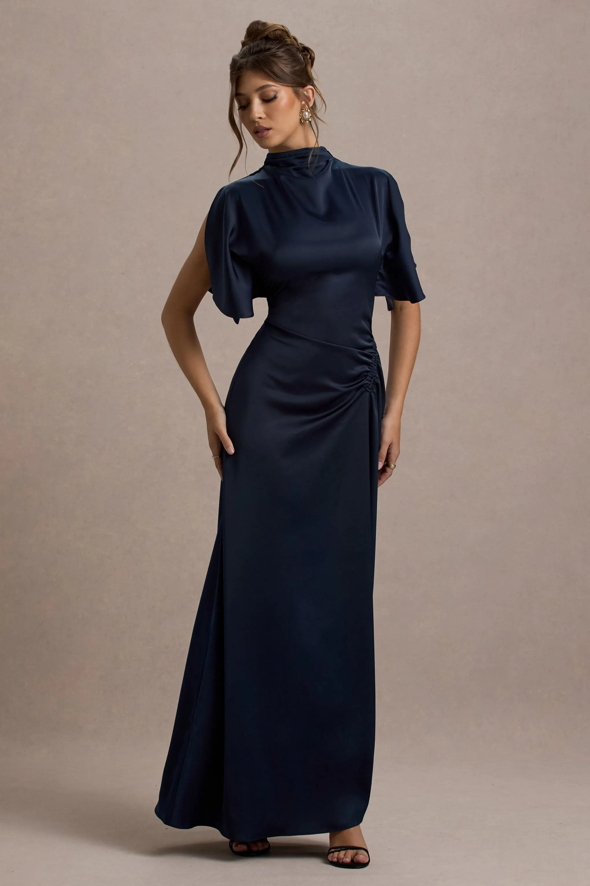 Audley | Navy Satin High-Neck Flutter-Sleeve Maxi Dress