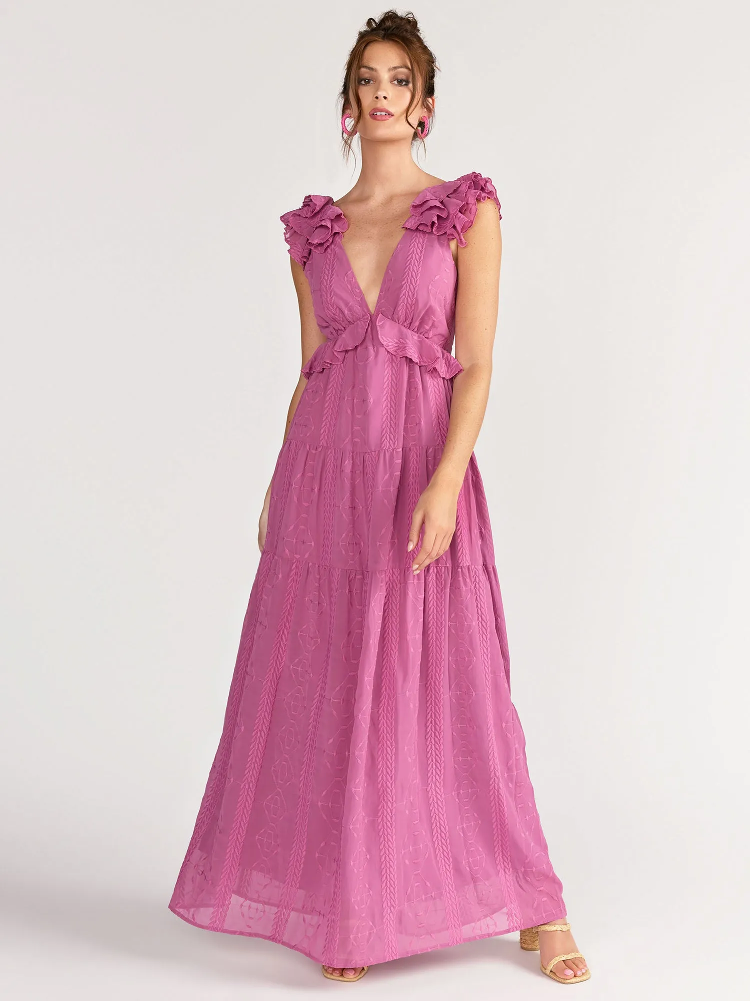 Audrea Ruffle Embroidered Chiffon Maxi Dress - Brands We Love