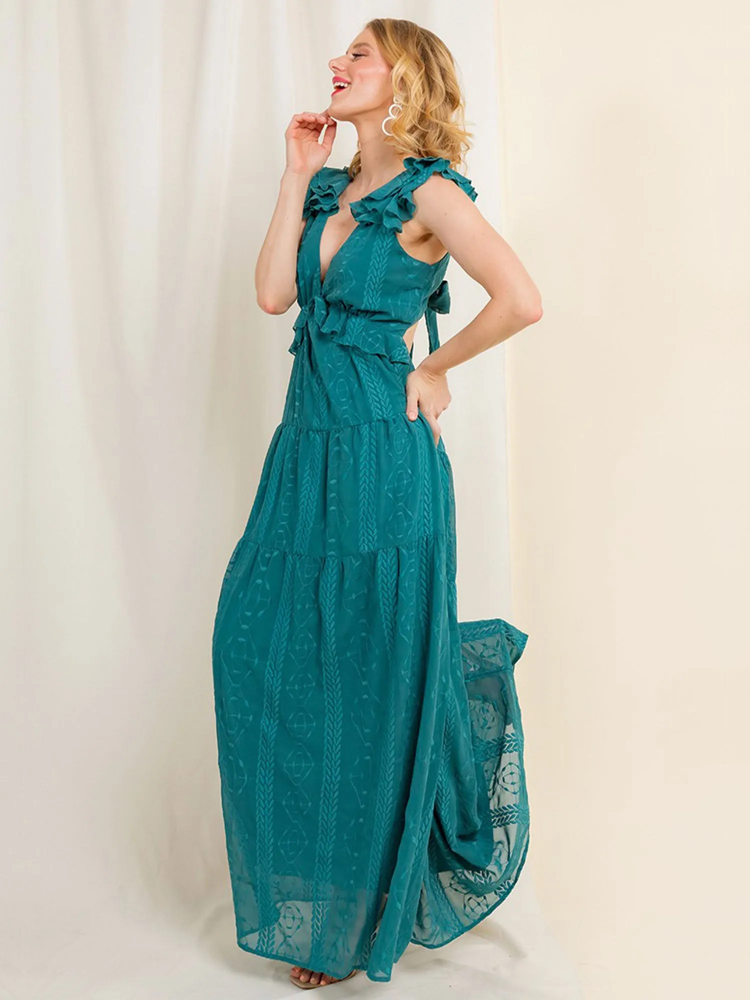 Audrea Ruffle Embroidered Chiffon Maxi Dress - Brands We Love