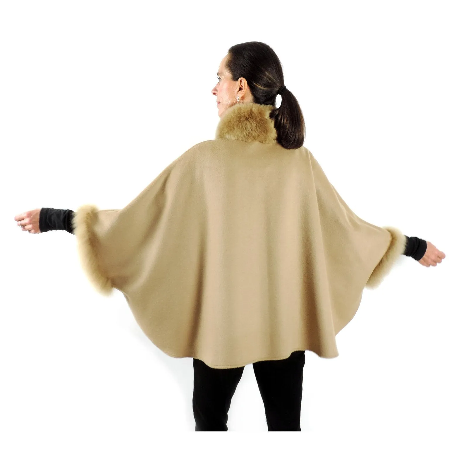 Baby Alpaca Cape with Fur Trim - Beige / Regular