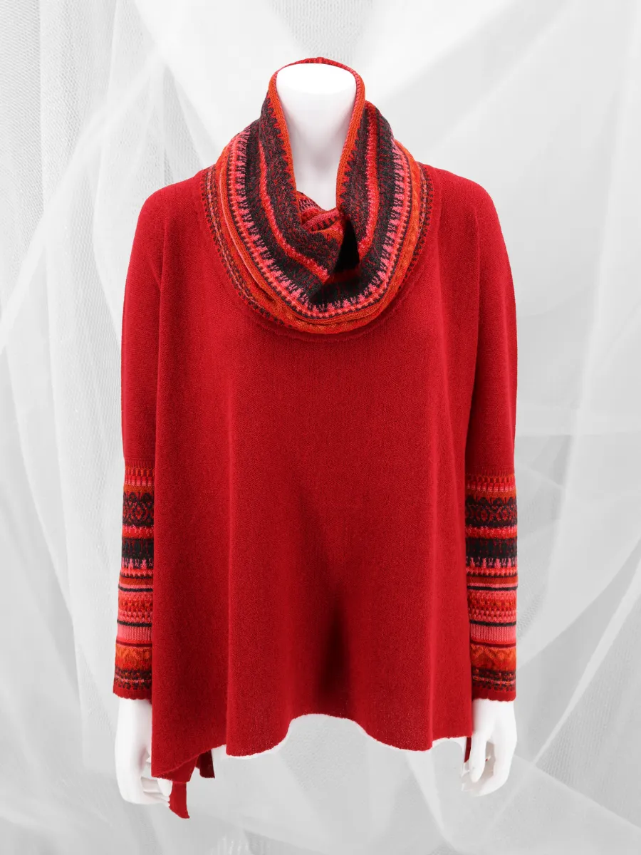 Baby Alpaca Cowl Neck Poncho with Sleeves - Red