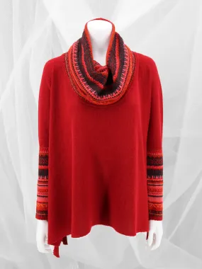 Baby Alpaca Cowl Neck Poncho with Sleeves - Red