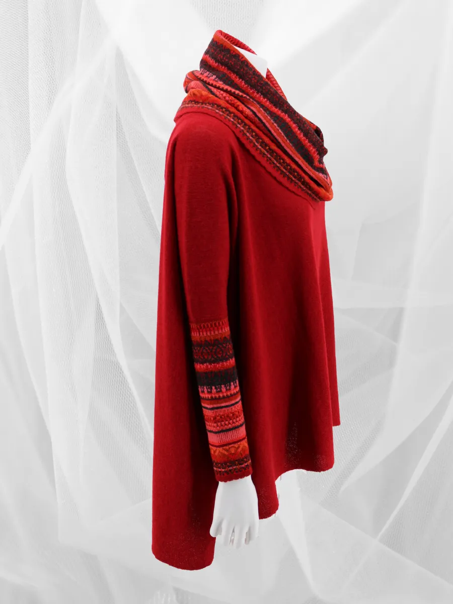 Baby Alpaca Cowl Neck Poncho with Sleeves - Red