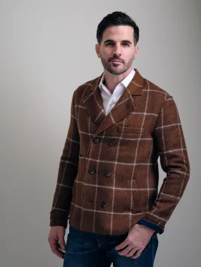 Baby Alpaca Windowpane Plaid Double-Breasted Pea Coat in Brown by Blue X Left Coast Tee