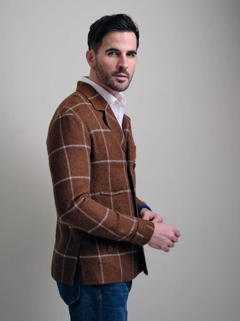 Baby Alpaca Windowpane Plaid Double-Breasted Pea Coat in Brown by Blue X Left Coast Tee