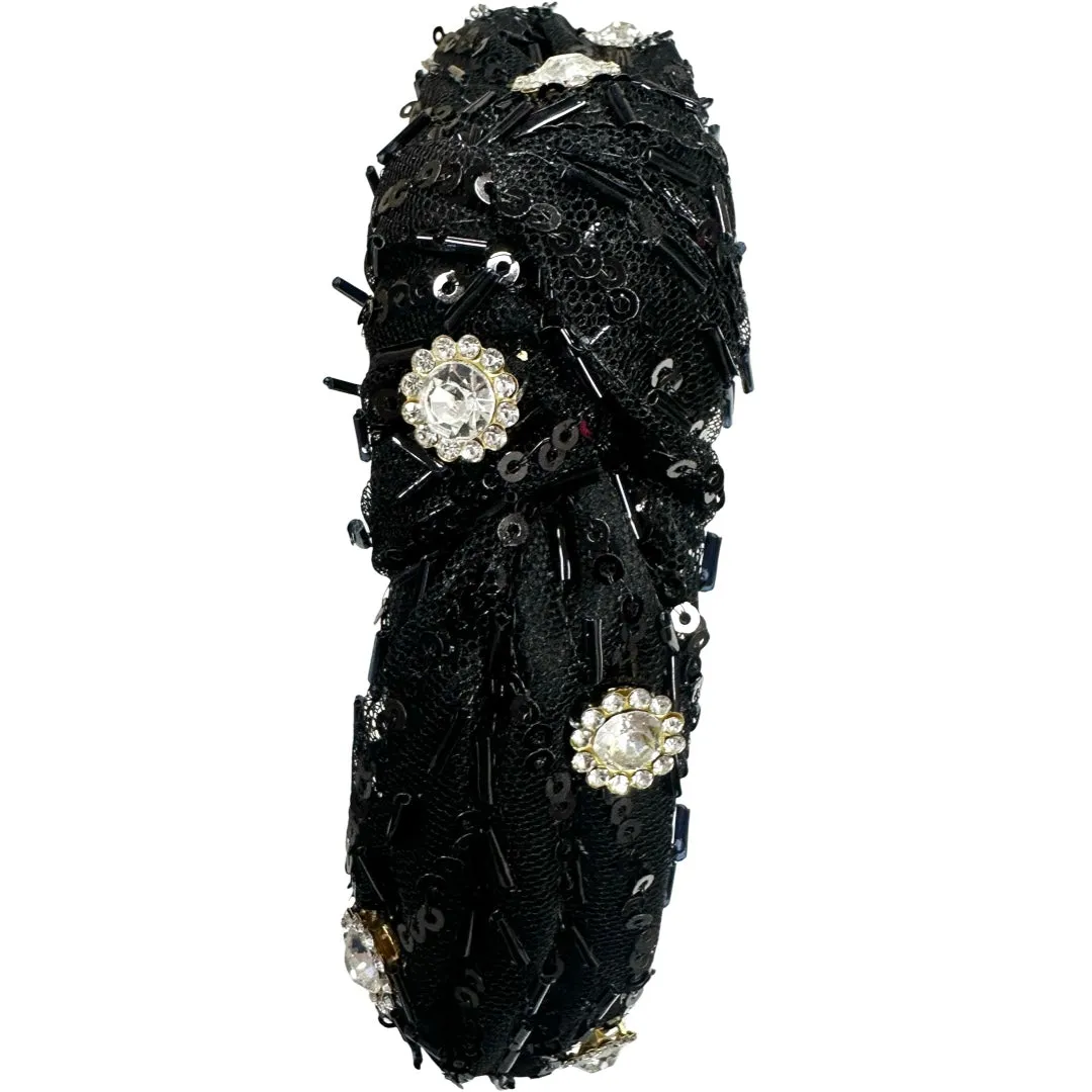 Bari Lynn Jeweled Sprinkle Tulle Knot Headband - Black