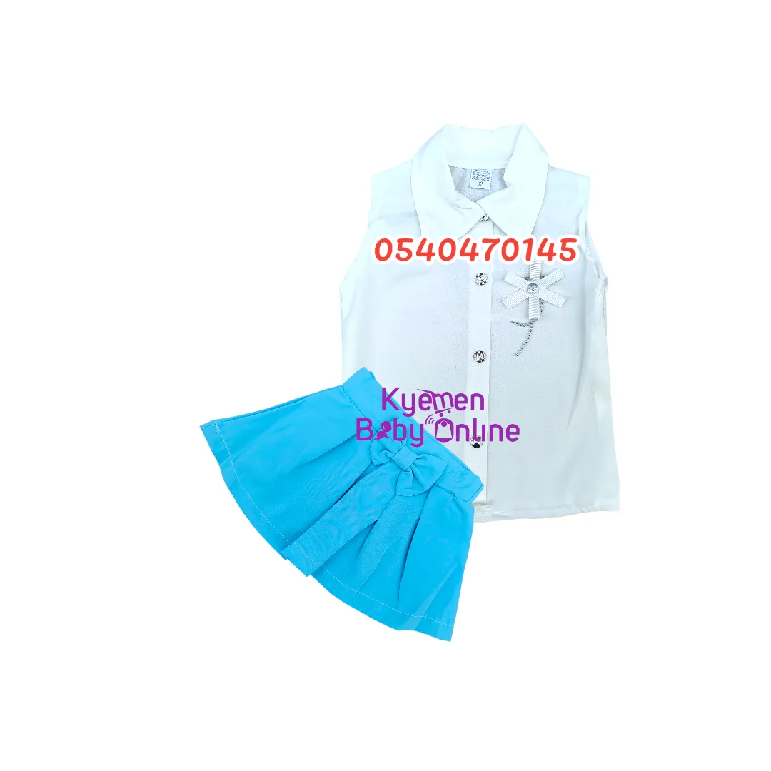 Baumwolle Baby Girl Dress( Top and Brooch Skirt) Sea Blue