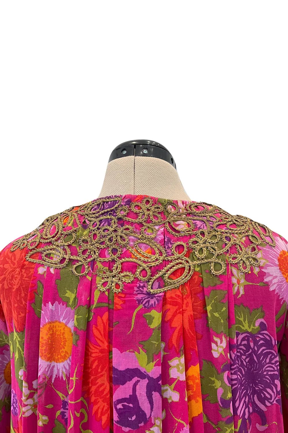 Beautiful & Rare Early 1960s Thea Porter Floral Print Coat Caftan Dress w Antique Cord Detailing