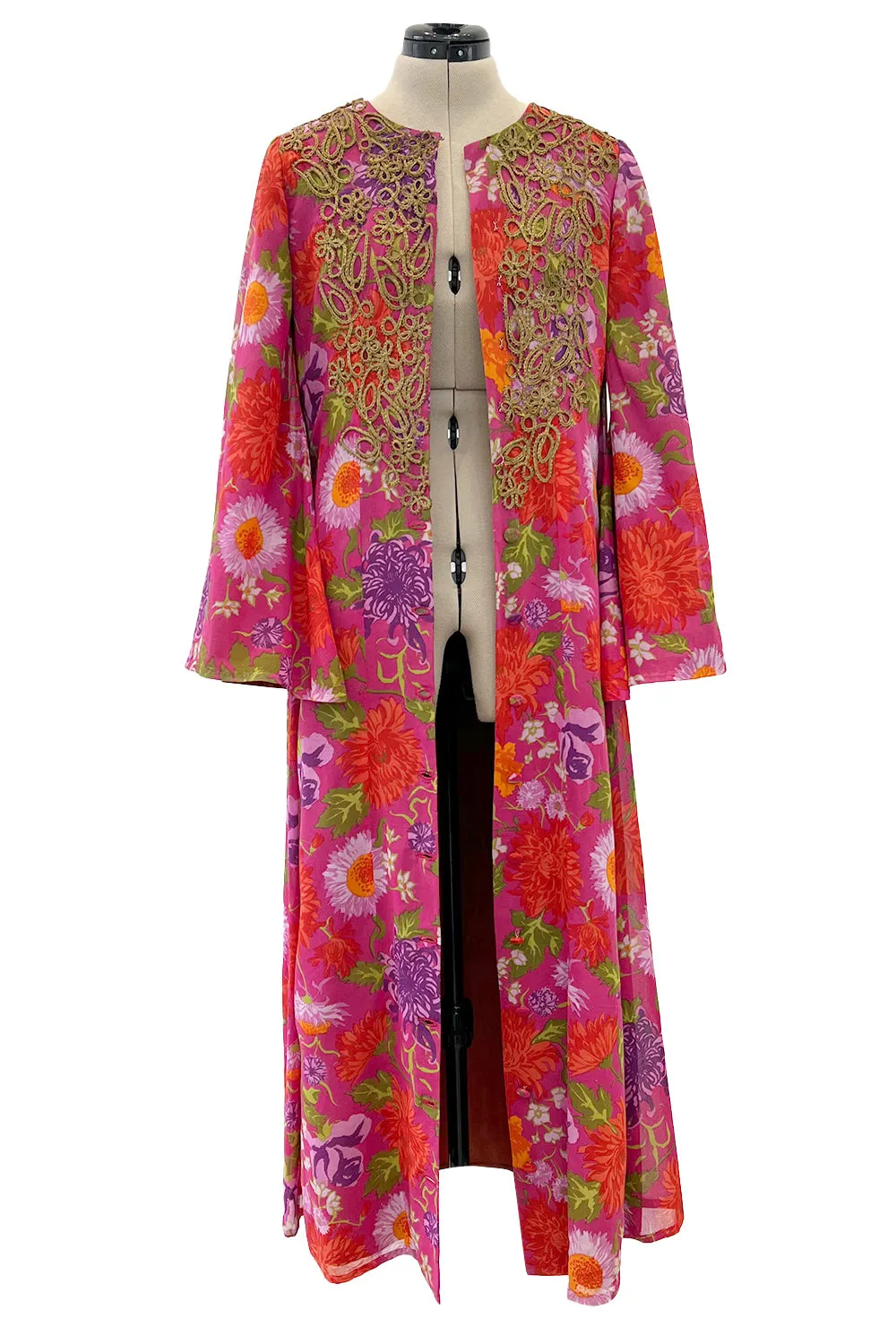 Beautiful & Rare Early 1960s Thea Porter Floral Print Coat Caftan Dress w Antique Cord Detailing