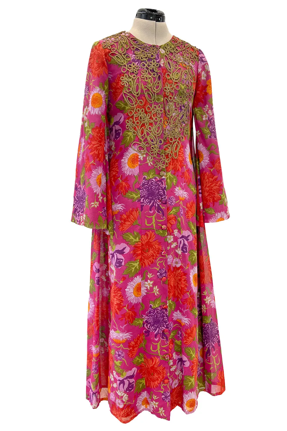 Beautiful & Rare Early 1960s Thea Porter Floral Print Coat Caftan Dress w Antique Cord Detailing