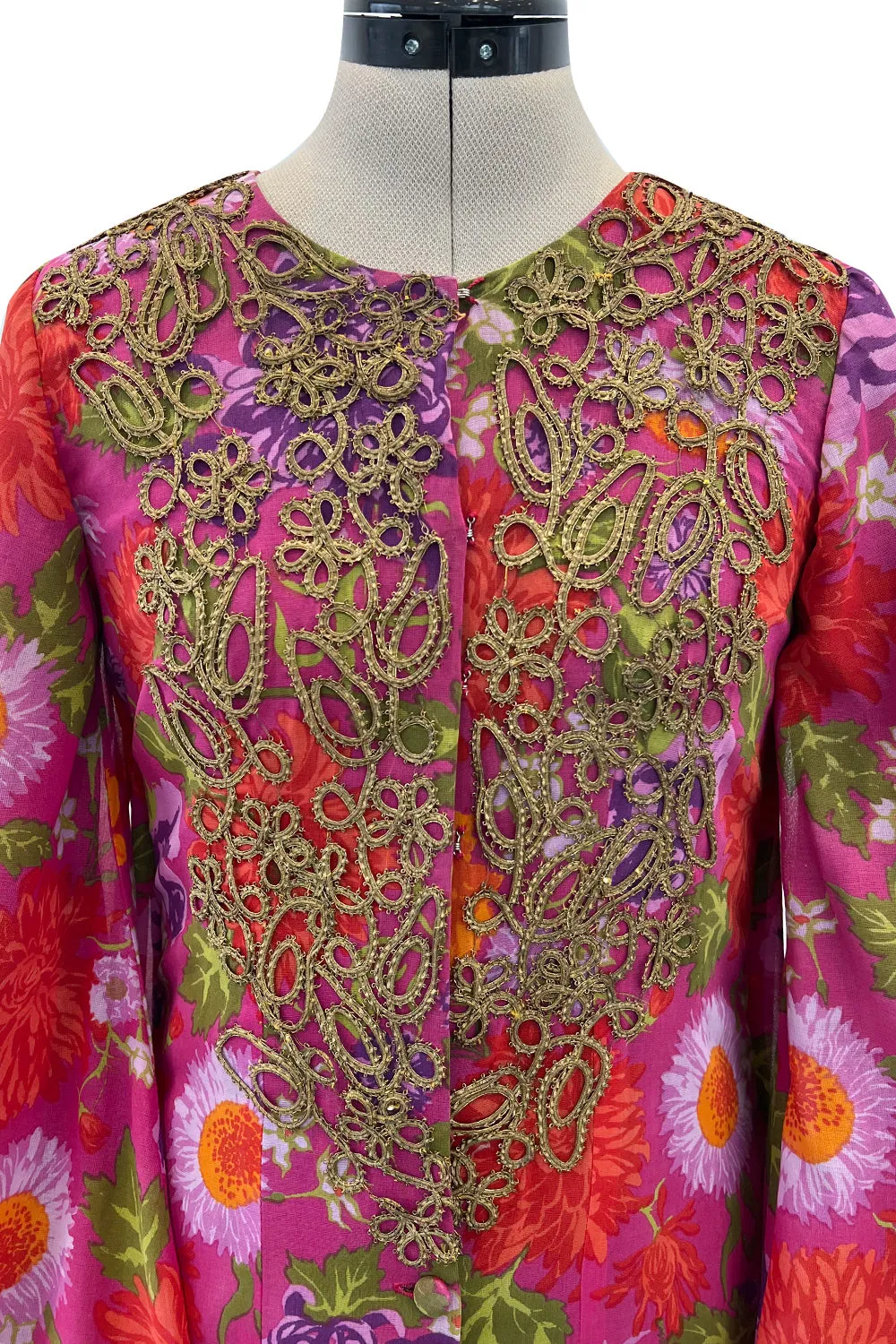 Beautiful & Rare Early 1960s Thea Porter Floral Print Coat Caftan Dress w Antique Cord Detailing