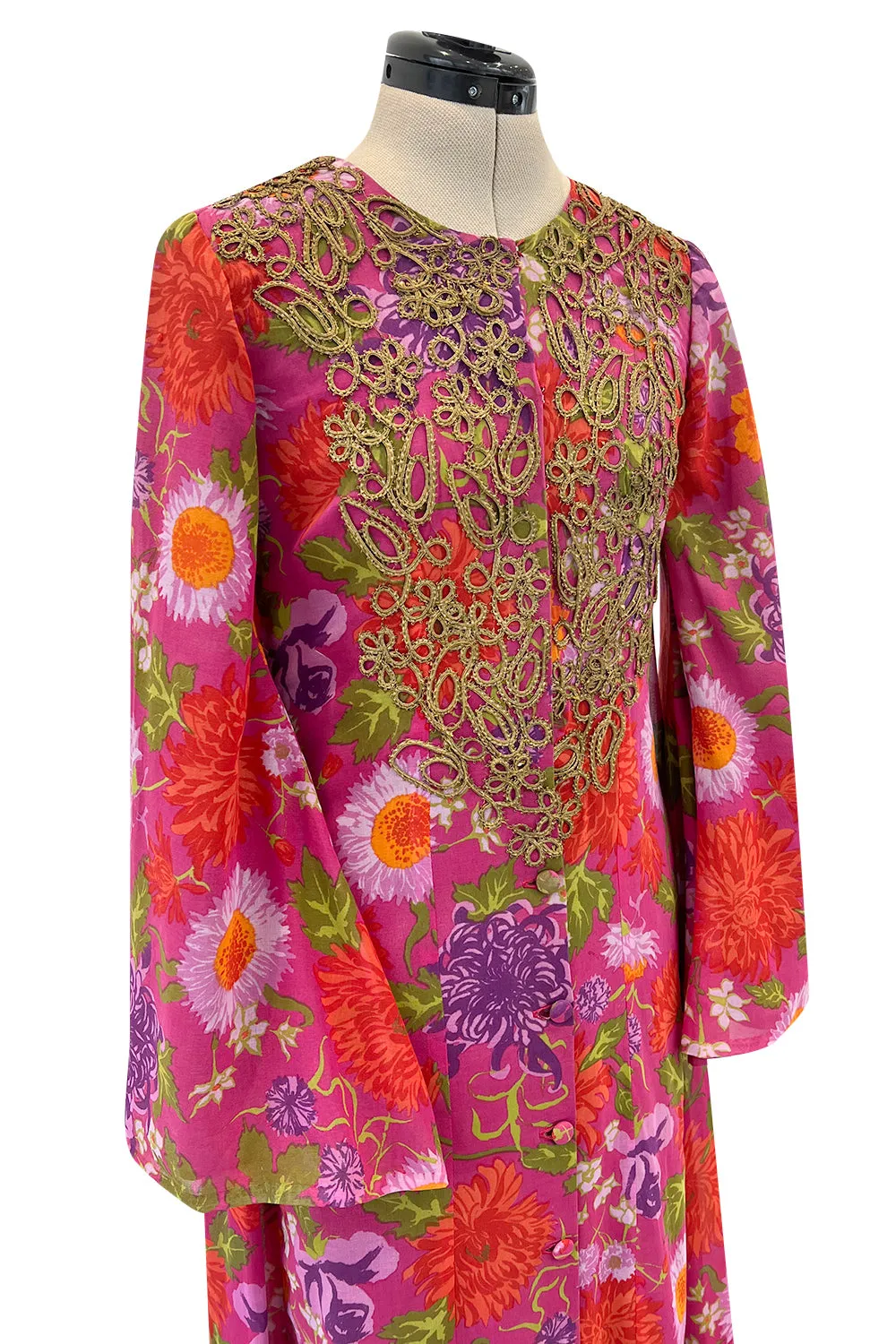 Beautiful & Rare Early 1960s Thea Porter Floral Print Coat Caftan Dress w Antique Cord Detailing