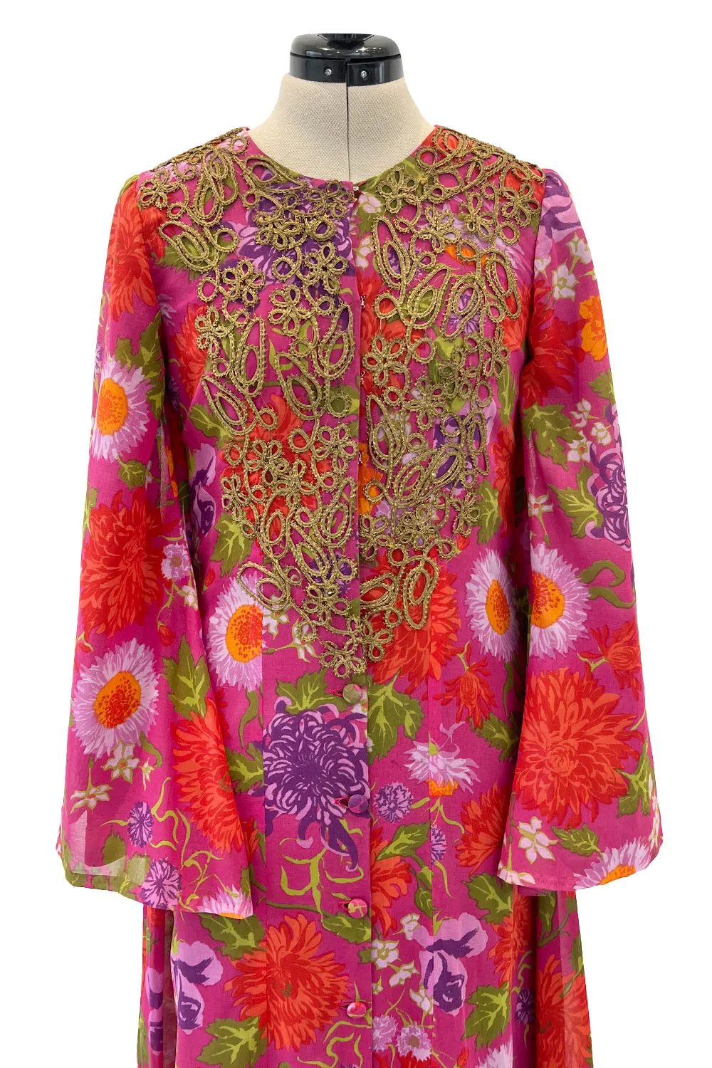 Beautiful & Rare Early 1960s Thea Porter Floral Print Coat Caftan Dress w Antique Cord Detailing