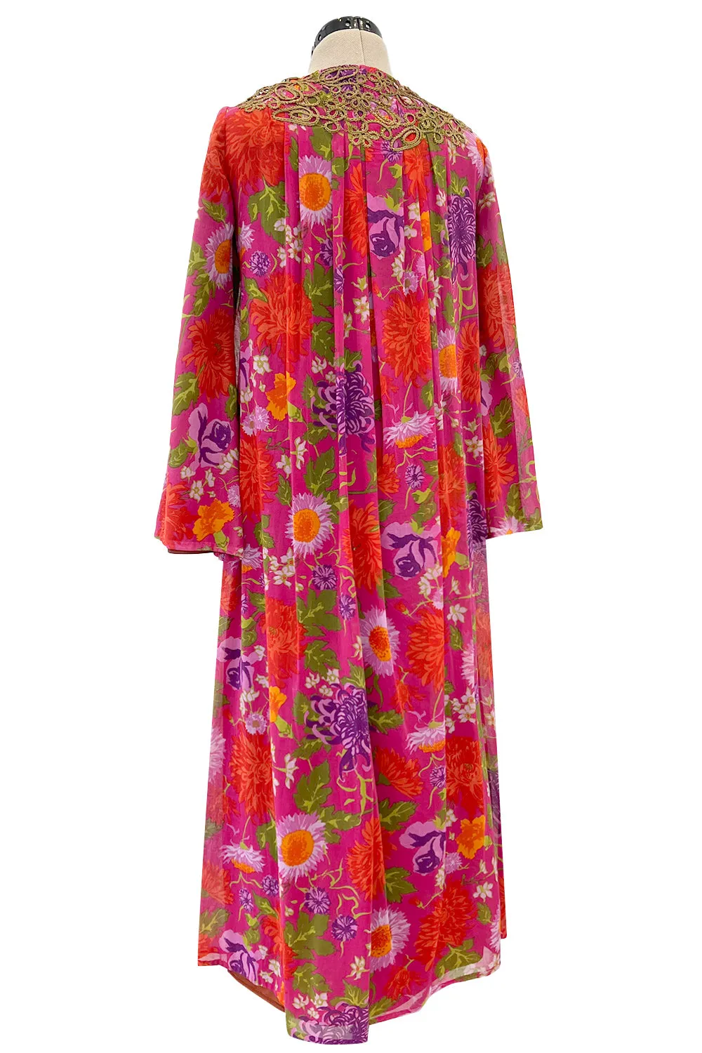 Beautiful & Rare Early 1960s Thea Porter Floral Print Coat Caftan Dress w Antique Cord Detailing