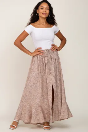 Beige Floral Button Front Smocked Waist Maxi Skirt