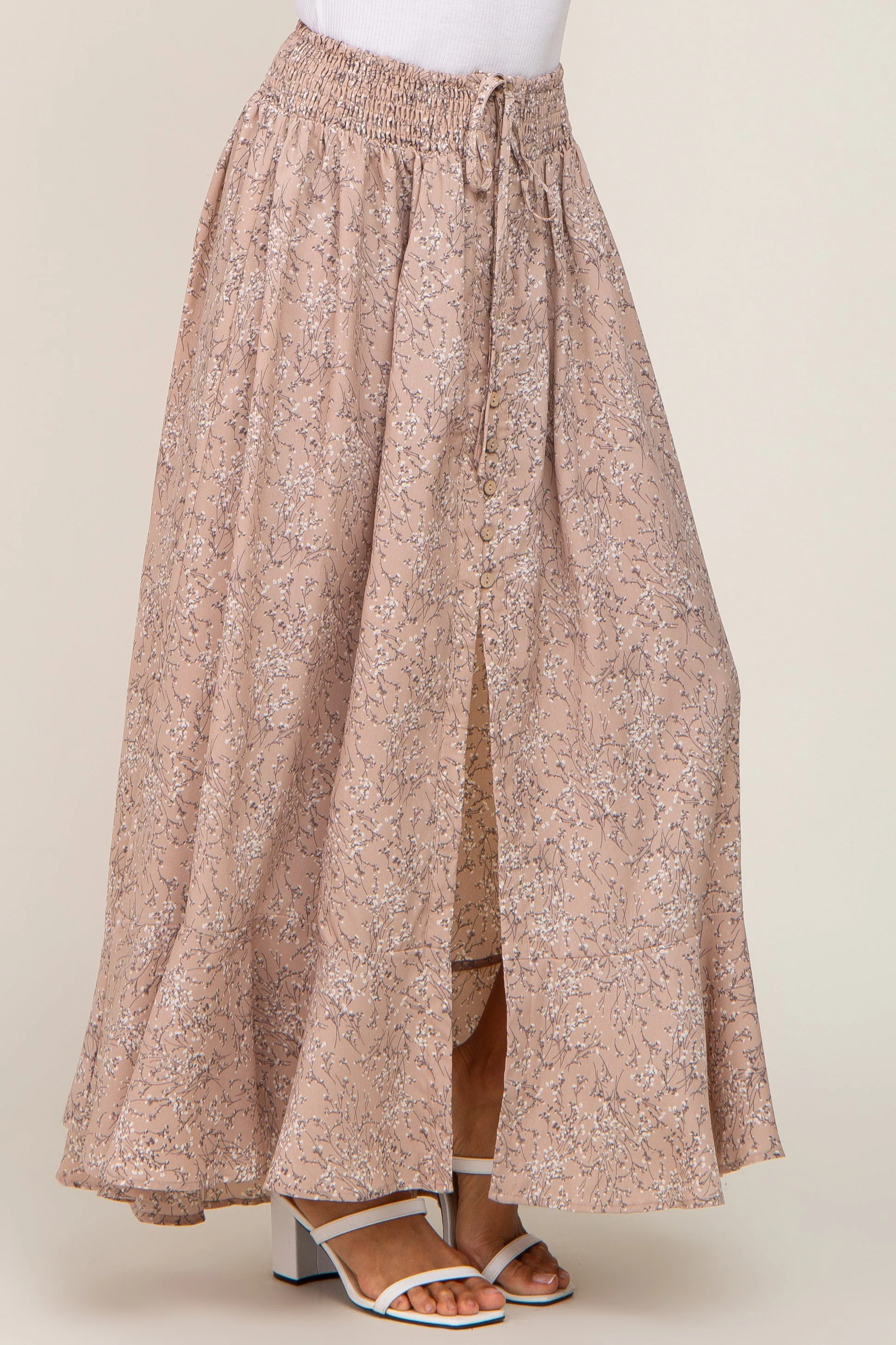 Beige Floral Button Front Smocked Waist Maxi Skirt