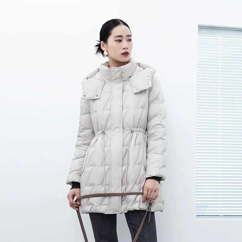 Beige Midi Length Goose Down Winter Jacket