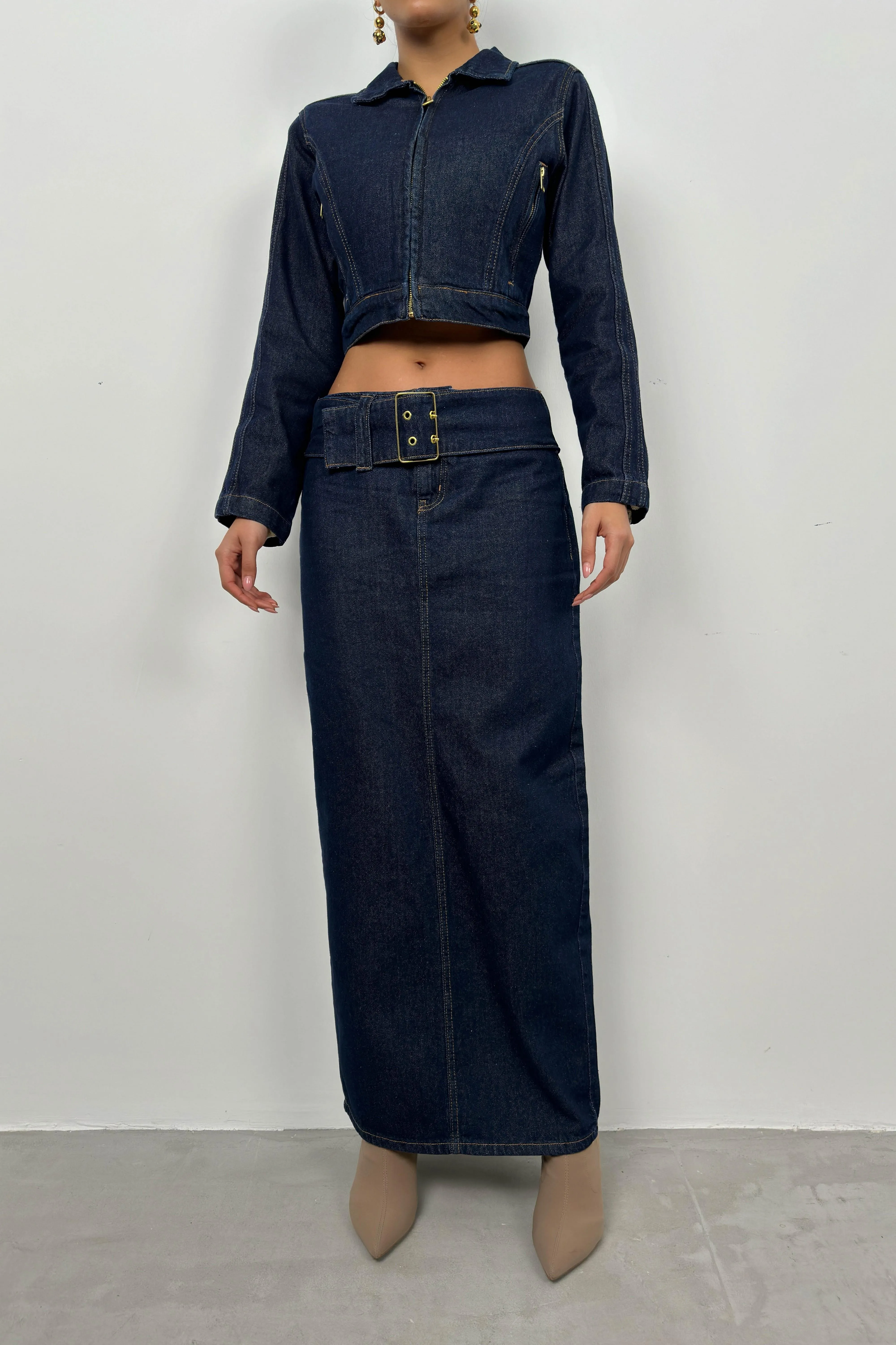 Belt Detail Denim Maxi Skirt