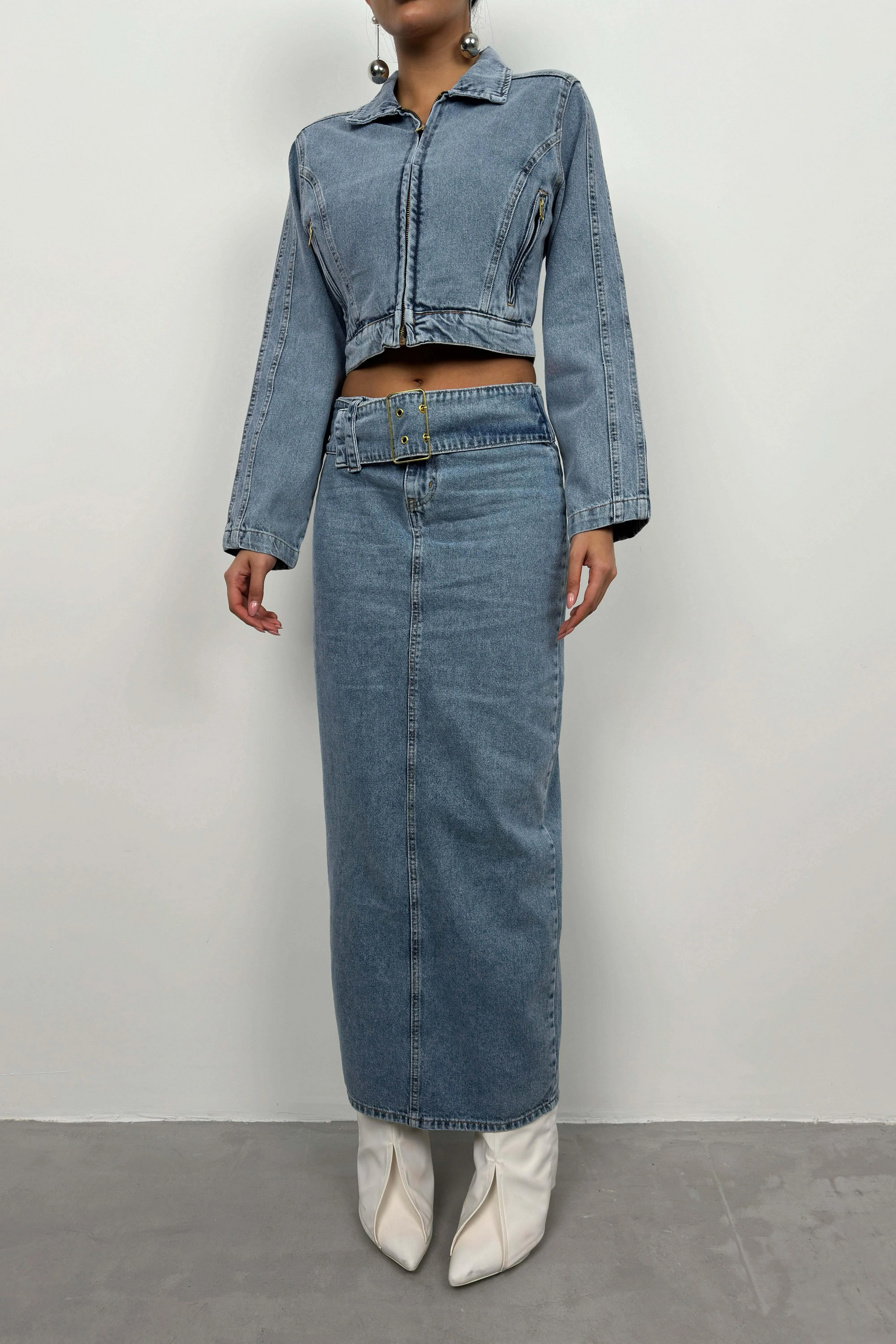 Belt Detail Denim Maxi Skirt